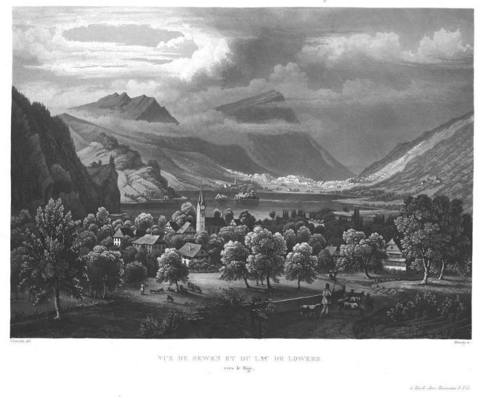 <p>SEEWEN. Vue de Sewen et du lac de Lowerz vers le Rigi.  Basle, chez Birmann & Fils, 475</p>